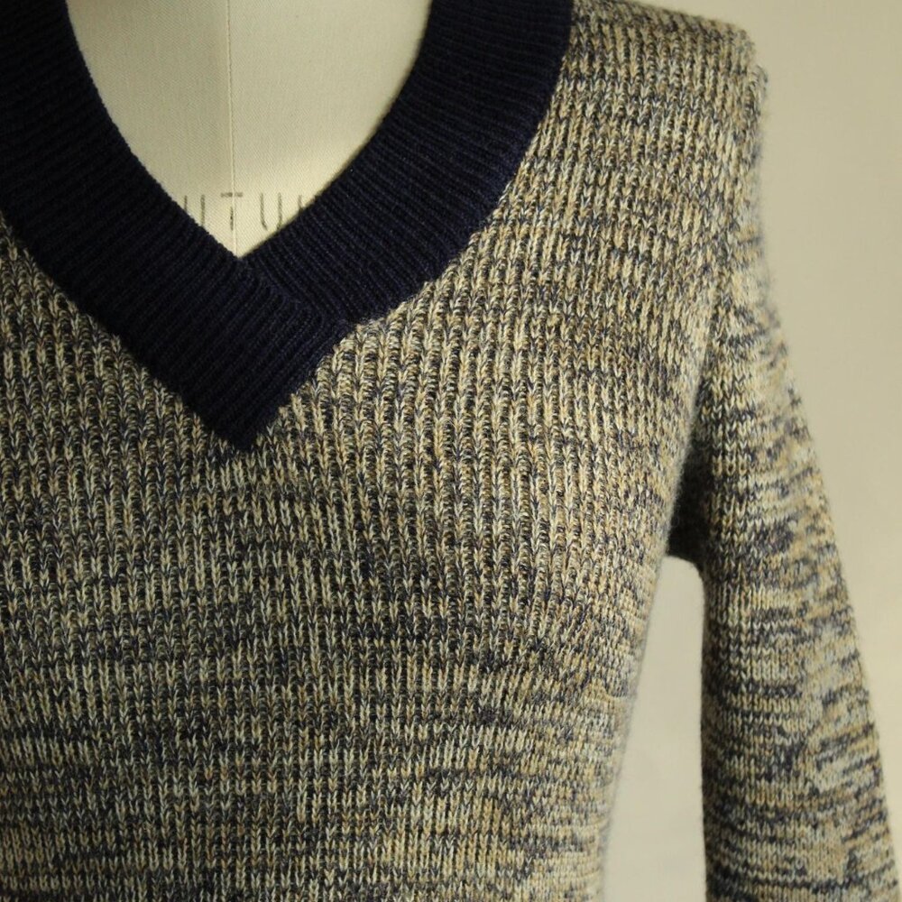 Vintage 1970s Dress, Jon Michael Wool Sweater Dress, Horizontal Striped V Neck - Picture 6 of 13